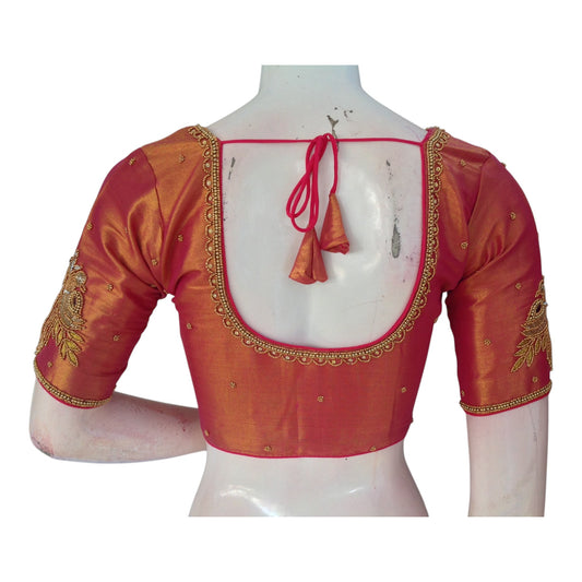 Luxurious Raspberry Tissue Silk Blouse with Exquisite Aari Embroidery - D3 Blouses
