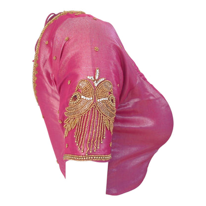 Lovely Pink Aari Handwork Tissue Silk Wedding Blouse - D3 Blouses