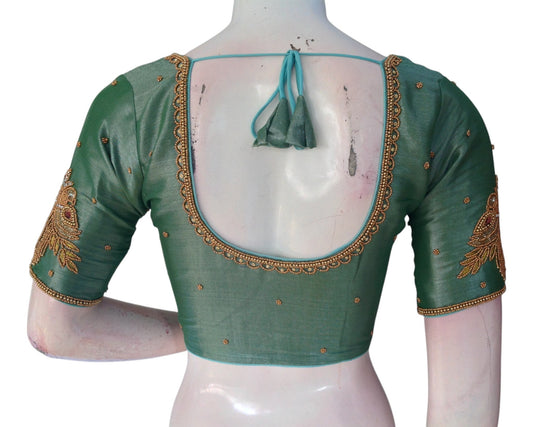 Unique Teal Tissue Silk Blouse with Intricate Aari Work - D3 Blouses