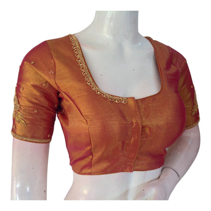 Rich Maroon Tissue Silk Blouse with Intricate Aari Work - D3 Blouses