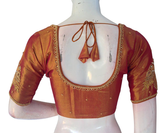 Rich Maroon Tissue Silk Blouse with Intricate Aari Work - D3 Blouses