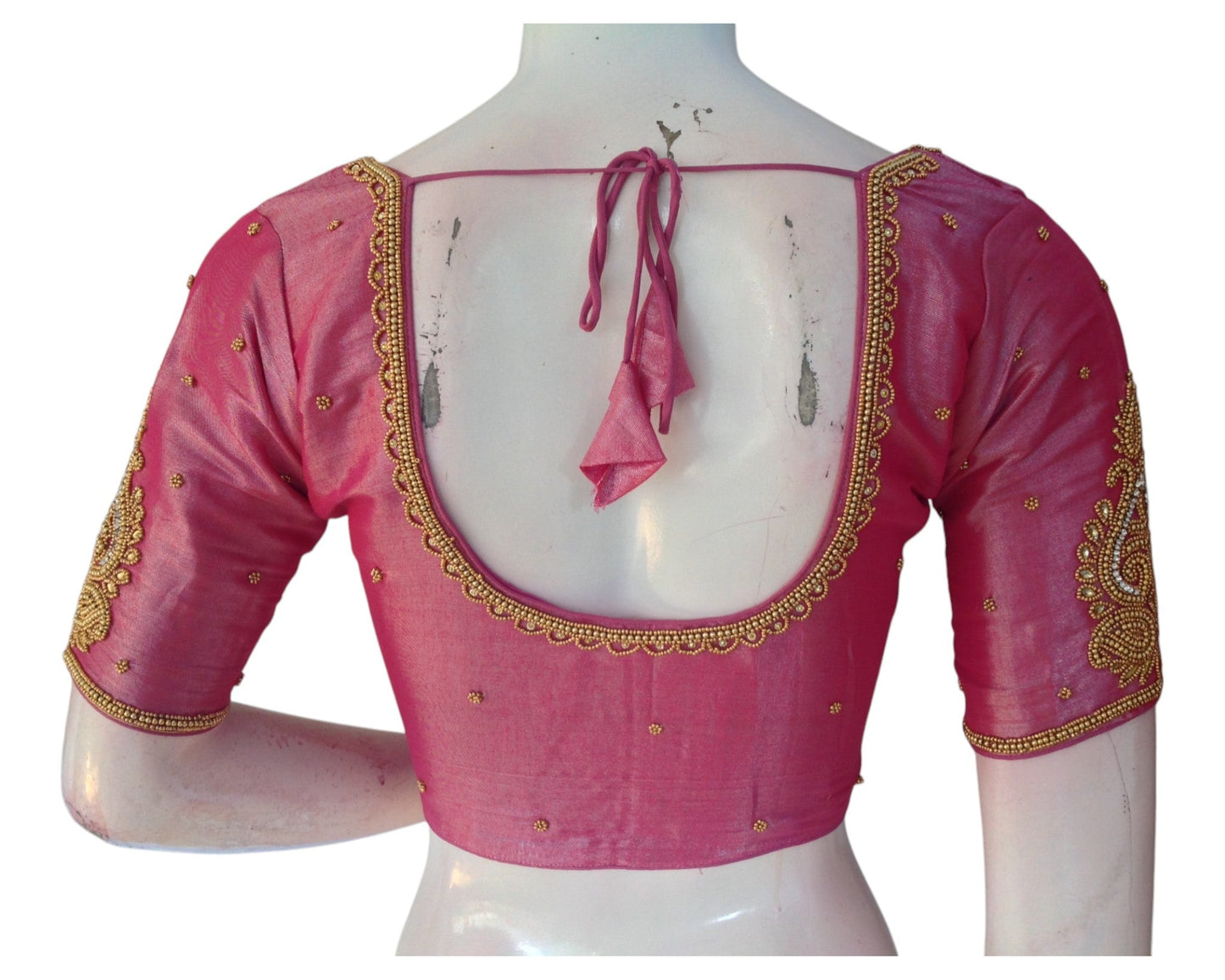 Luxurious Pink Tissue Silk Blouse with Delicate Aari Embroidery - D3 Blouses