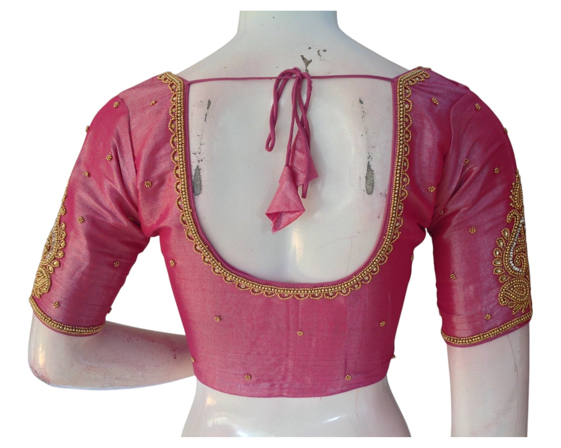 Luxurious Pink Tissue Silk Blouse with Delicate Aari Embroidery - D3 Blouses