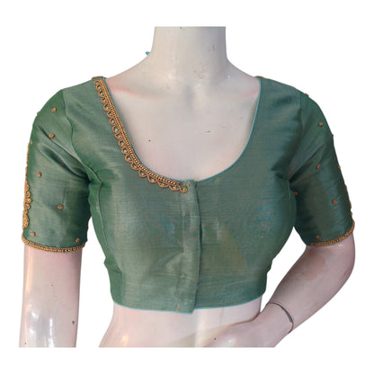 Teal Tissue Silk Aari Work Wedding Blouse - Sophisticated Style from D3 Blouses
