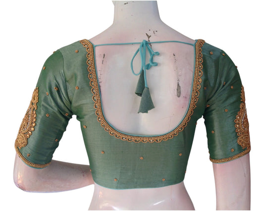 Teal Tissue Silk Aari Work Wedding Blouse - Sophisticated Style from D3 Blouses