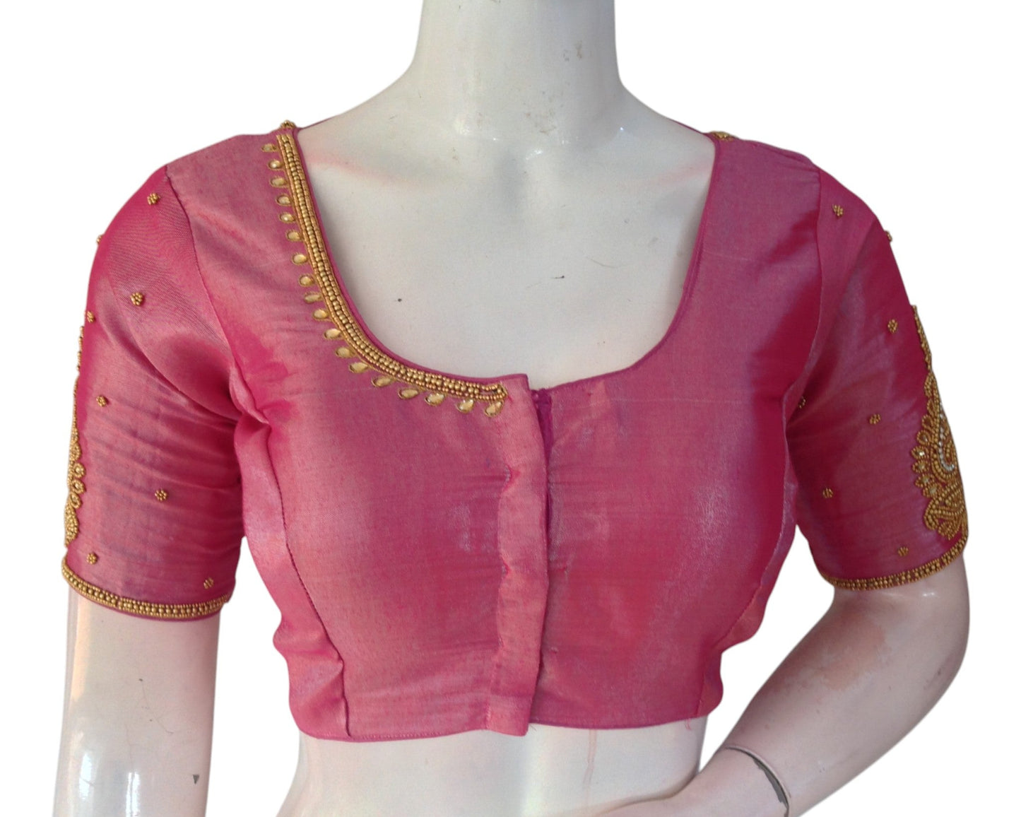 Beautiful Pink Color Tissue Silk Aari Work Wedding Blouse - D3 Blouses