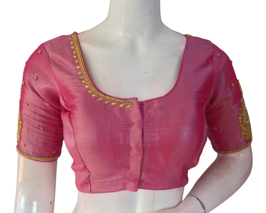 Beautiful Pink Color Tissue Silk Aari Work Wedding Blouse - D3 Blouses