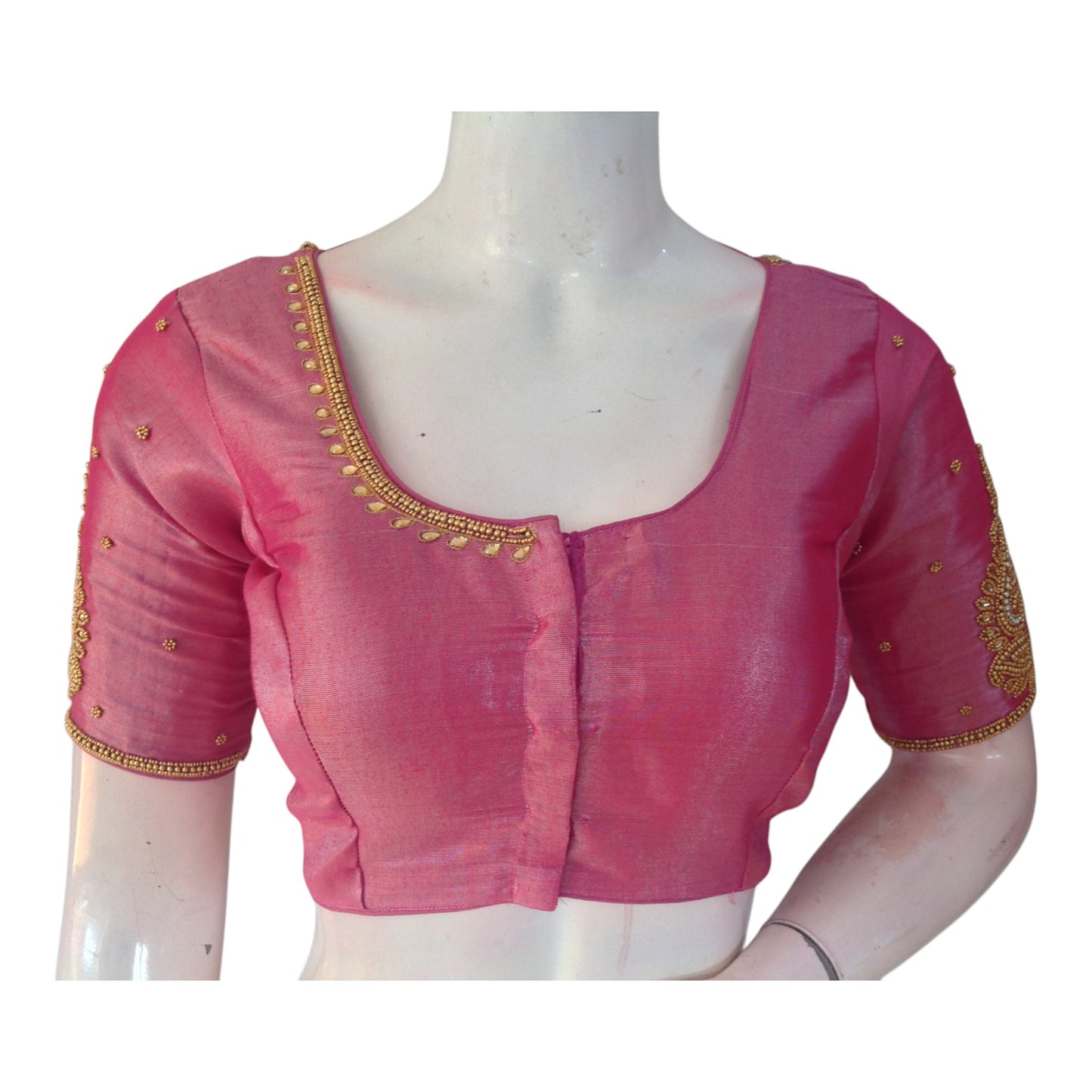 Beautiful Pink Color Tissue Silk Aari Work Wedding Blouse - D3 Blouses