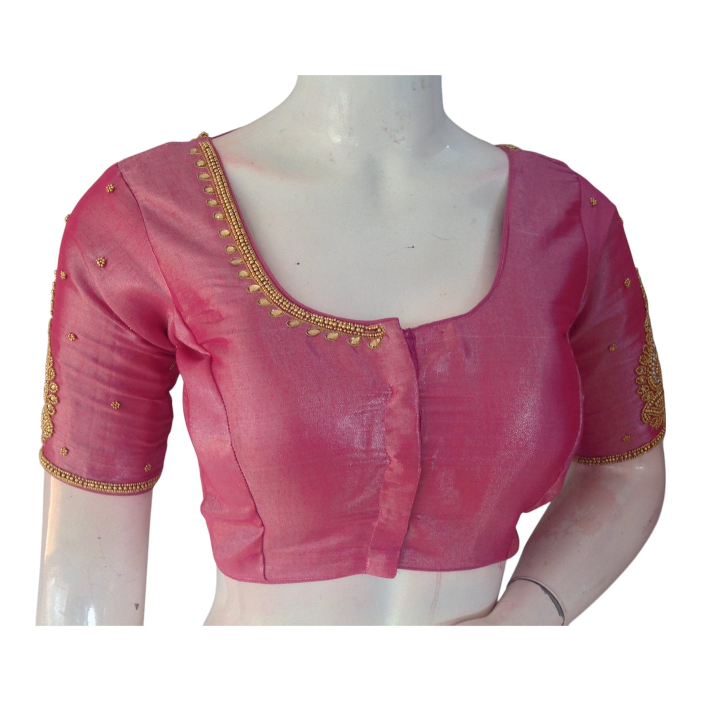 Beautiful Pink Color Tissue Silk Aari Work Wedding Blouse - D3 Blouses