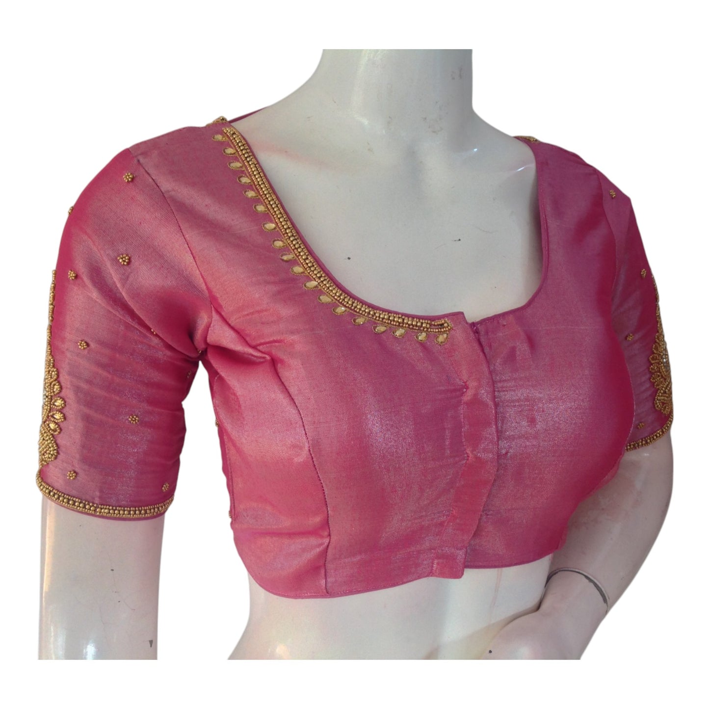 Beautiful Pink Color Tissue Silk Aari Work Wedding Blouse - D3 Blouses
