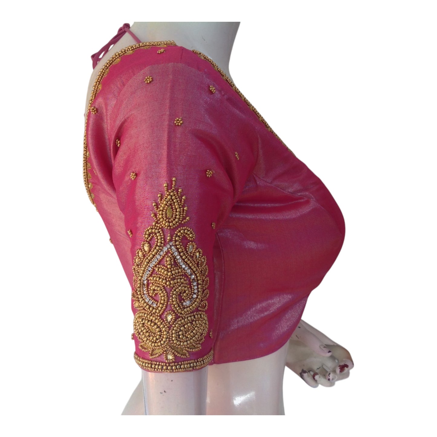 Beautiful Pink Color Tissue Silk Aari Work Wedding Blouse - D3 Blouses