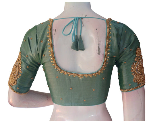Teal Color Tissue Silk Aari Handwork Wedding Blouse - D3 Blouses 