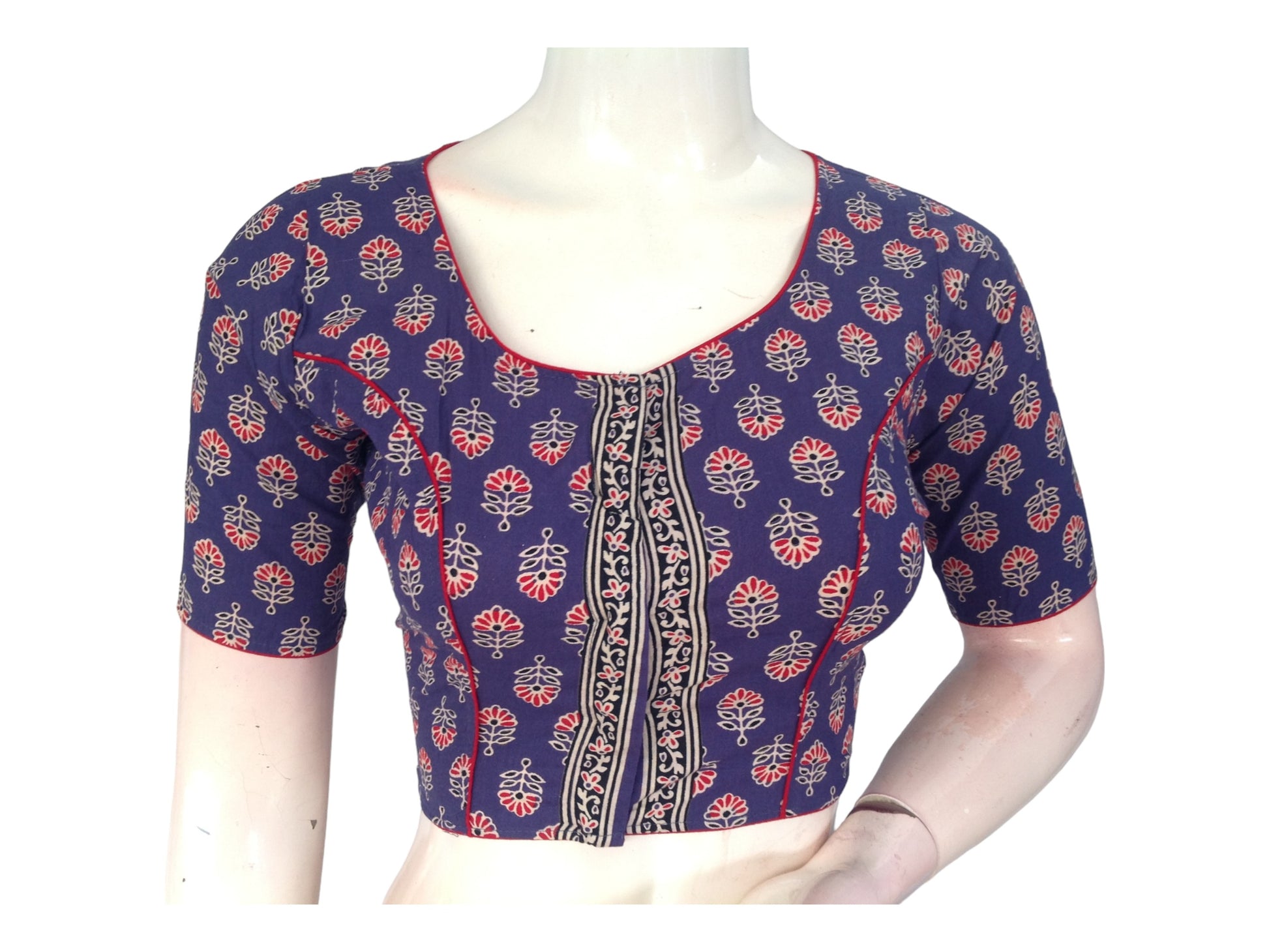 Vibrant Sophistication: Violet Blue Cotton Blouse with High Neck