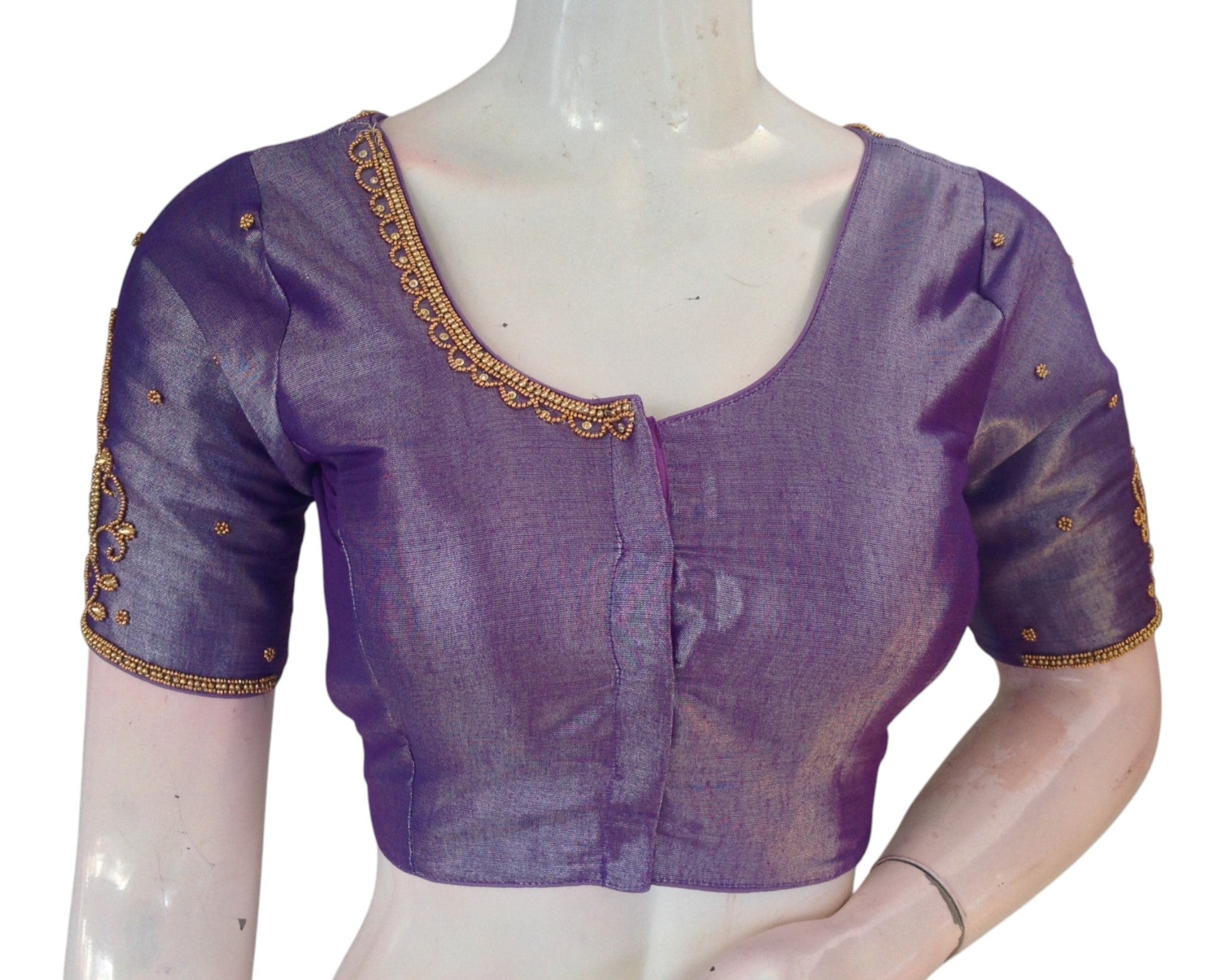 Intricate Aari Handwork Tissue Silk Purple Color Wedding Silk Saree Blouse