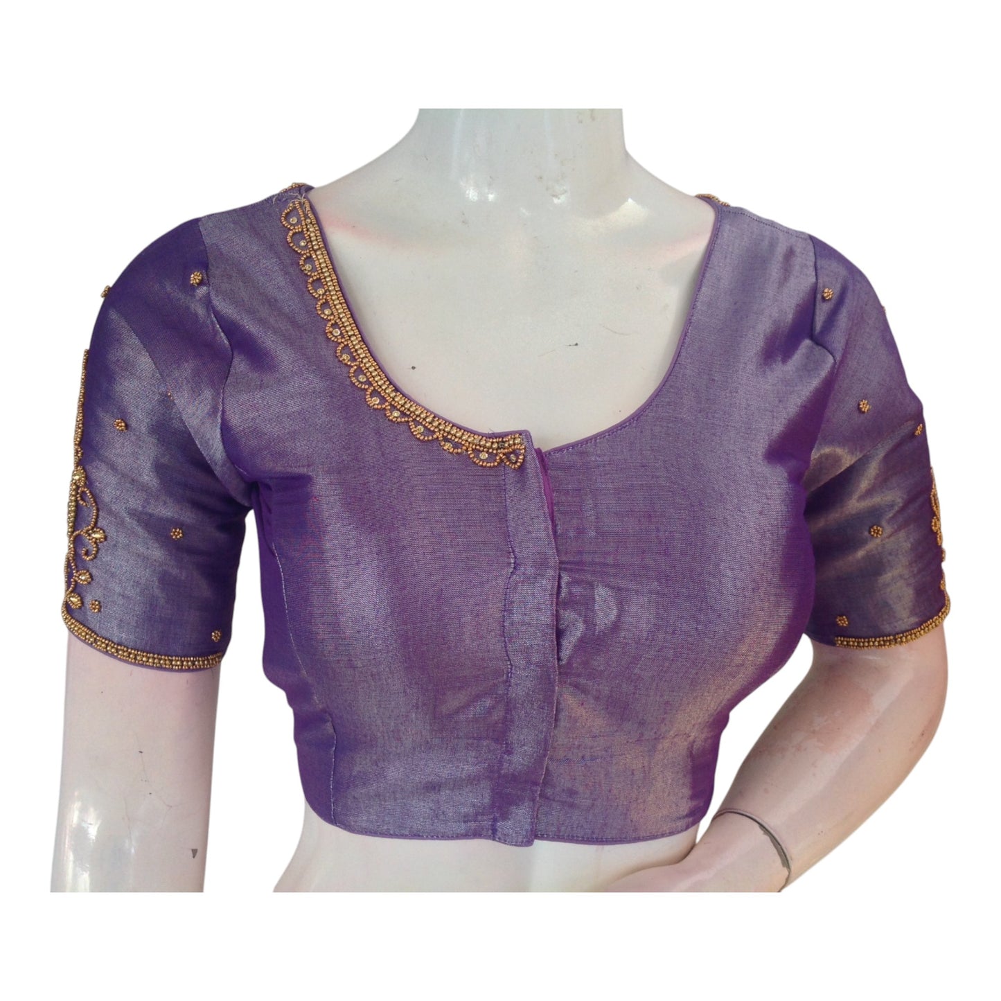 Intricate Aari Handwork Tissue Silk Purple Color Wedding Silk Saree Blouse