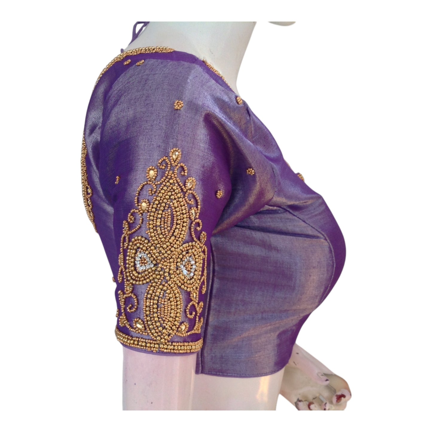 Intricate Aari Handwork Tissue Silk Purple Color Wedding Silk Saree Blouse