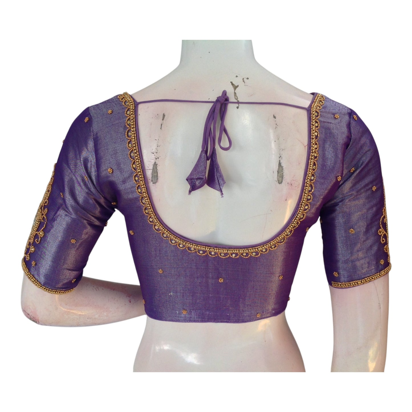 Intricate Aari Handwork Tissue Silk Purple Color Wedding Silk Saree Blouse