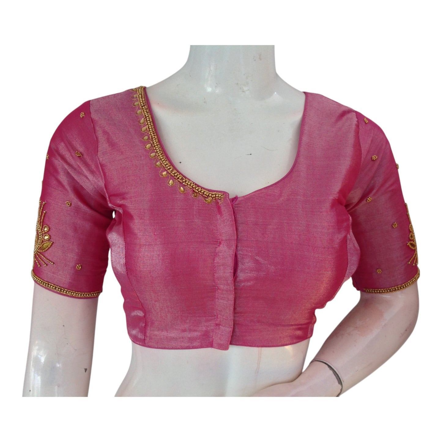 Aari Worked Pink Color Tissue Silk Wedding Saree Blouse - D3 Blouses