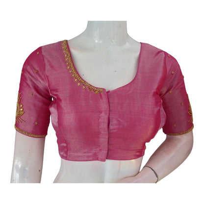 Aari Worked Pink Color Tissue Silk Wedding Saree Blouse - D3 Blouses