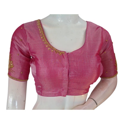 Aari Worked Pink Color Tissue Silk Wedding Saree Blouse - D3 Blouses