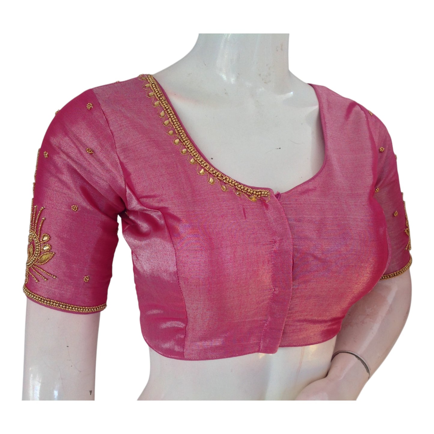 Aari Worked Pink Color Tissue Silk Wedding Saree Blouse - D3 Blouses