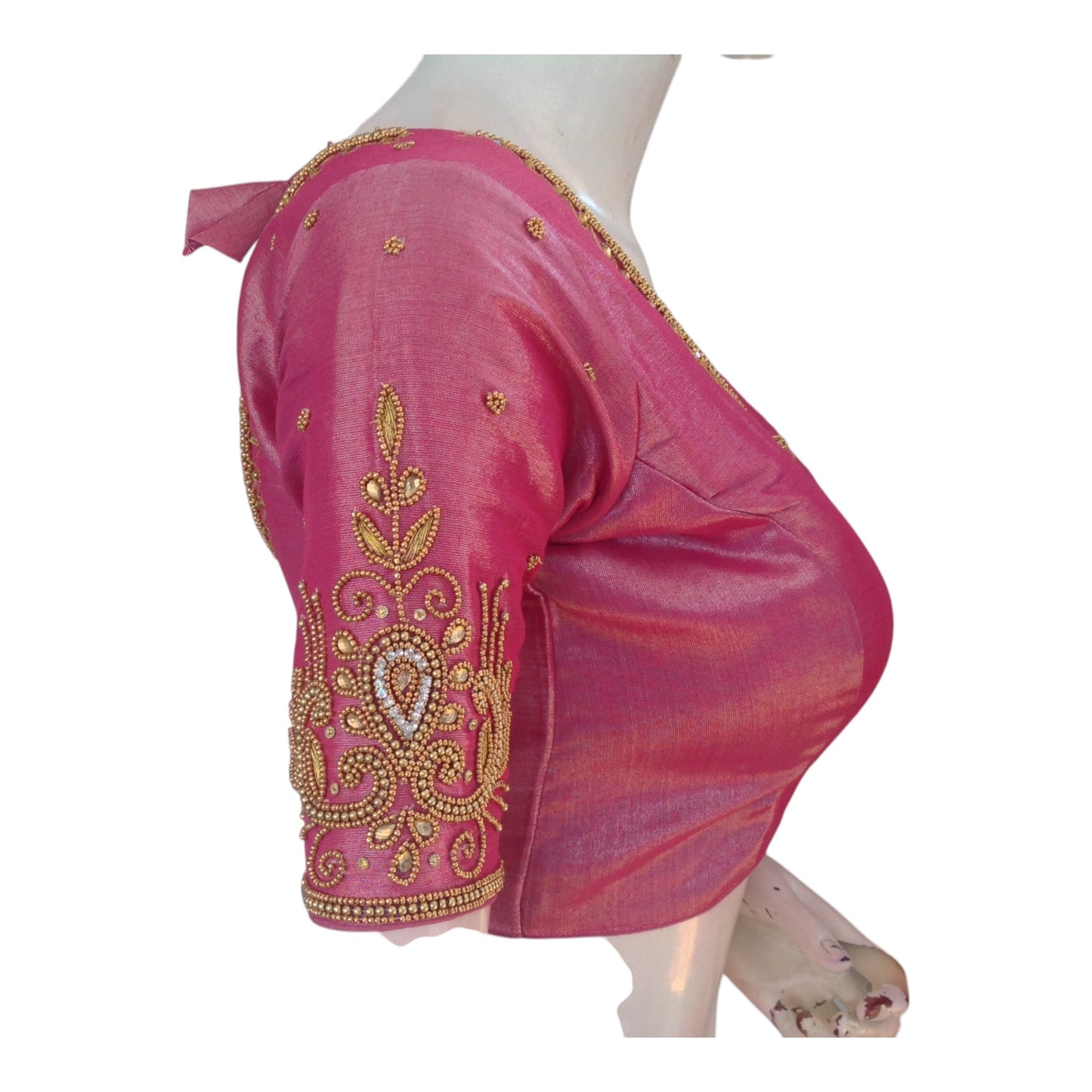 Aari Worked Pink Color Tissue Silk Wedding Saree Blouse - D3 Blouses