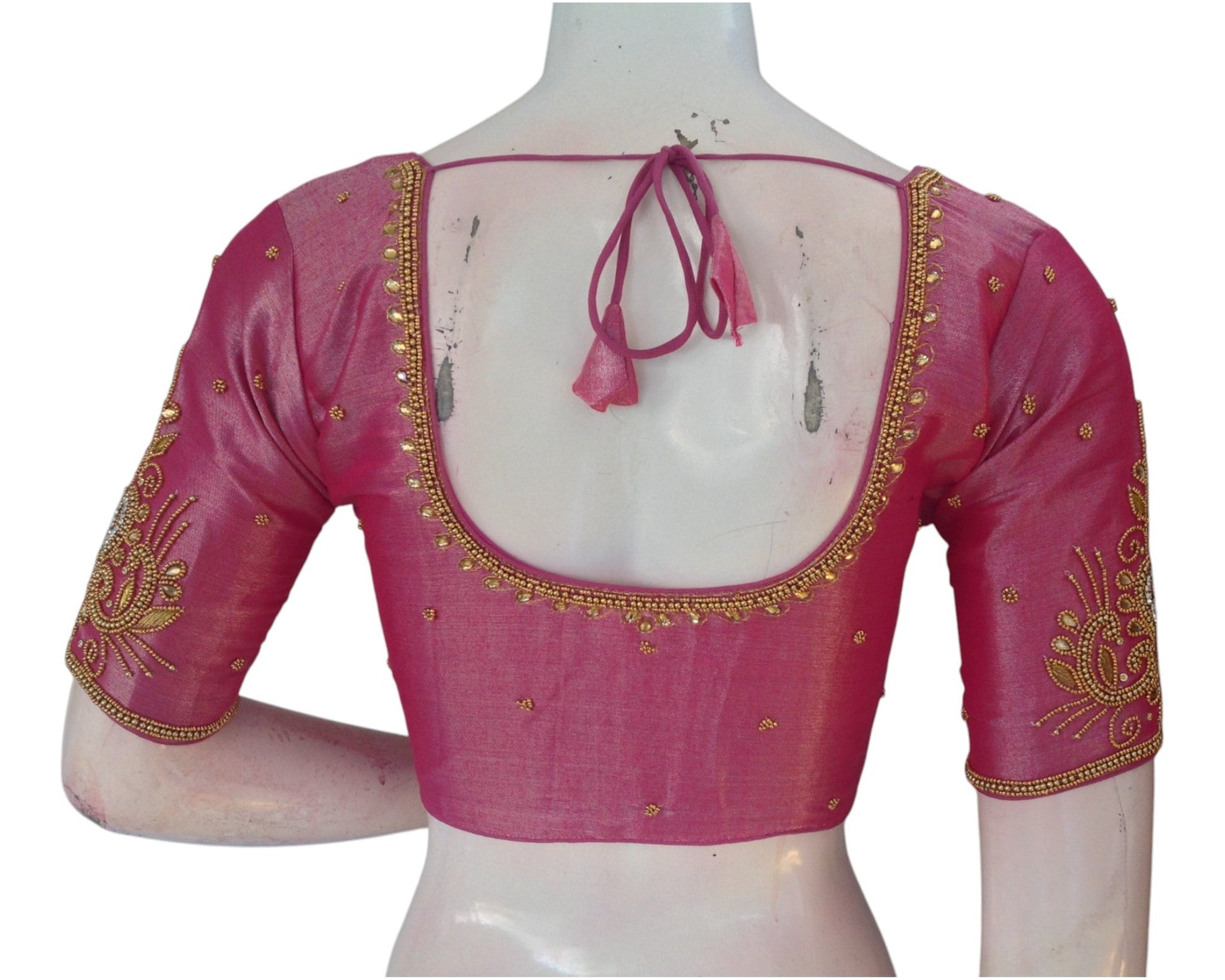 Aari Worked Pink Color Tissue Silk Wedding Saree Blouse - D3 Blouses