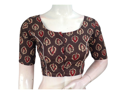 Chic & Comfortable: Brown Cotton Blouse with Elevated Neckline