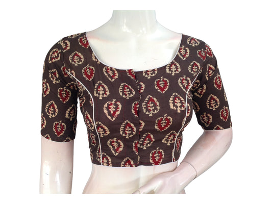 Chic & Comfortable: Brown Cotton Blouse with Elevated Neckline