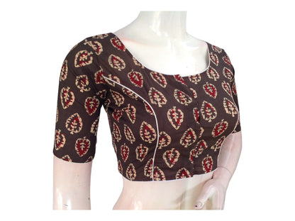 Chic & Comfortable: Brown Cotton Blouse with Elevated Neckline
