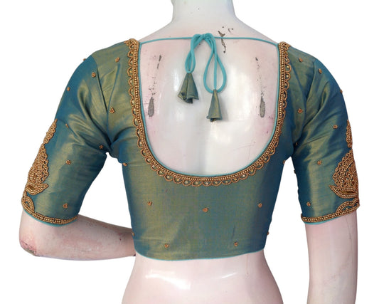 Handcrafted Teal Color Aari Handwork Wedding Silk Blouse - D3 Blouses