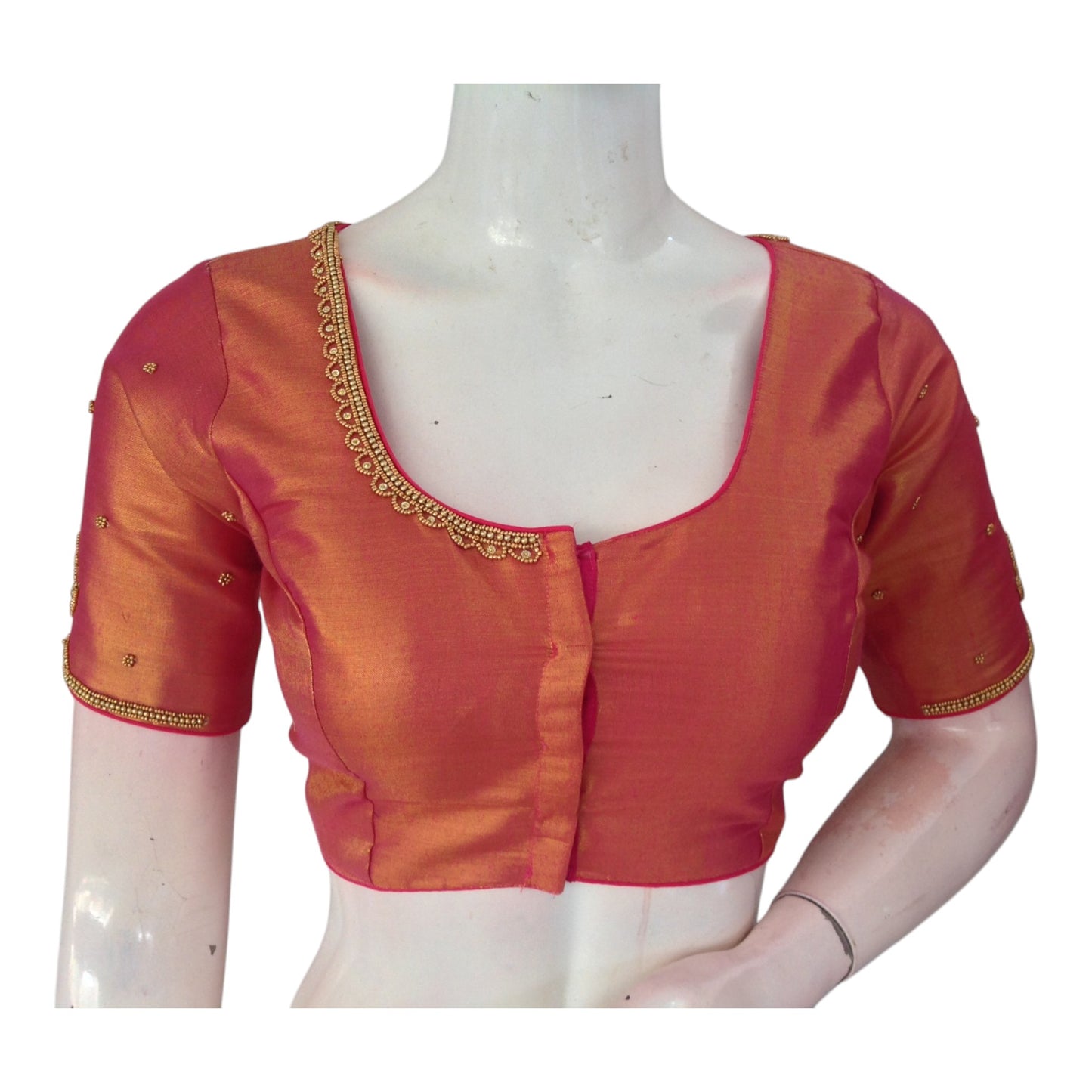 Exquisite Pink Color Aari Handwork Bridal Silk Saree Blouse