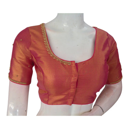 Exquisite Pink Color Aari Handwork Bridal Silk Saree Blouse