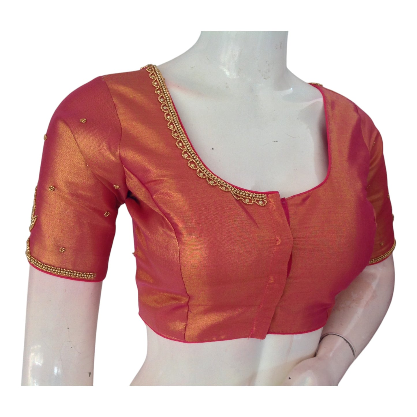 Exquisite Pink Color Aari Handwork Bridal Silk Saree Blouse