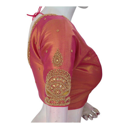 Exquisite Pink Color Aari Handwork Bridal Silk Saree Blouse