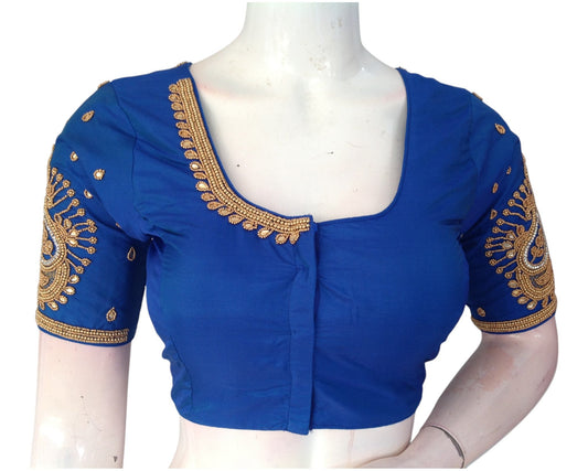Elegant Blue Aari Handwork Wedding Silk Saree Ready made Blouse