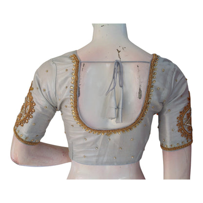 Sophisticated Silver Tissue Silk Aari Handwork  Bridal Blouse - Latest Design | D3 Blouses