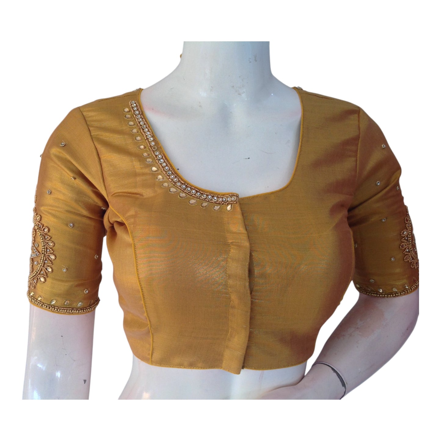 Perfect Tissue Gold Aari Handwork Silk Saree Blouse for Weddings - D3