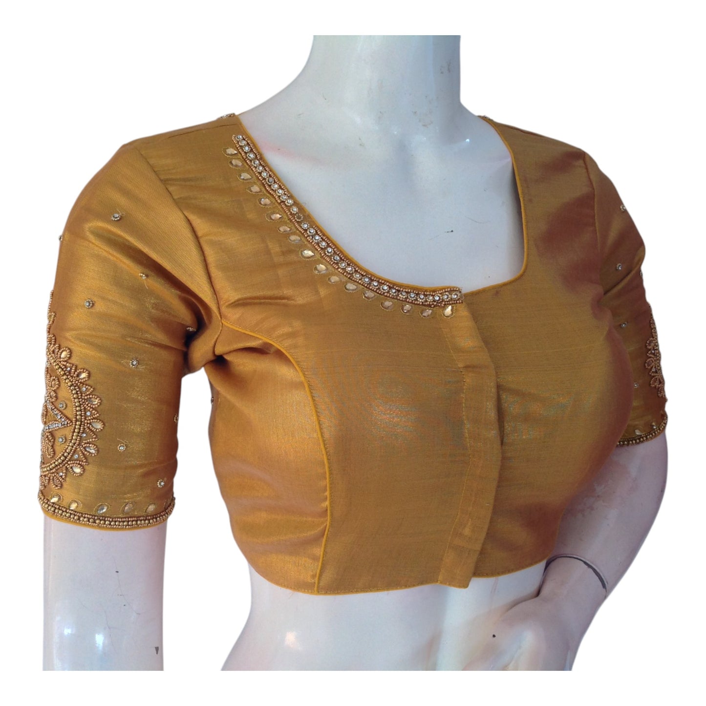 Perfect Tissue Gold Aari Handwork Silk Saree Blouse for Weddings - D3