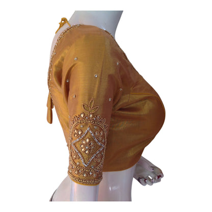 Perfect Tissue Gold Aari Handwork Silk Saree Blouse for Weddings - D3
