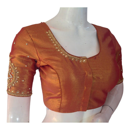 Beautiful Terracotta Aari Handwork Tissue Silk Blouse for Weddings - D3