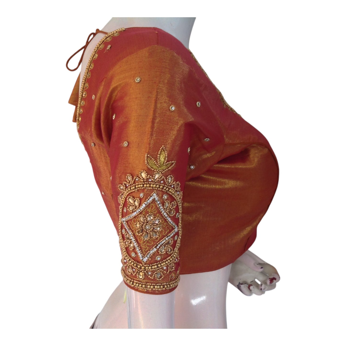 Beautiful Terracotta Aari Handwork Tissue Silk Blouse for Weddings - D3