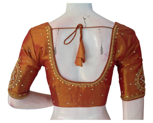 Beautiful Terracotta Aari Handwork Tissue Silk Blouse for Weddings - D3