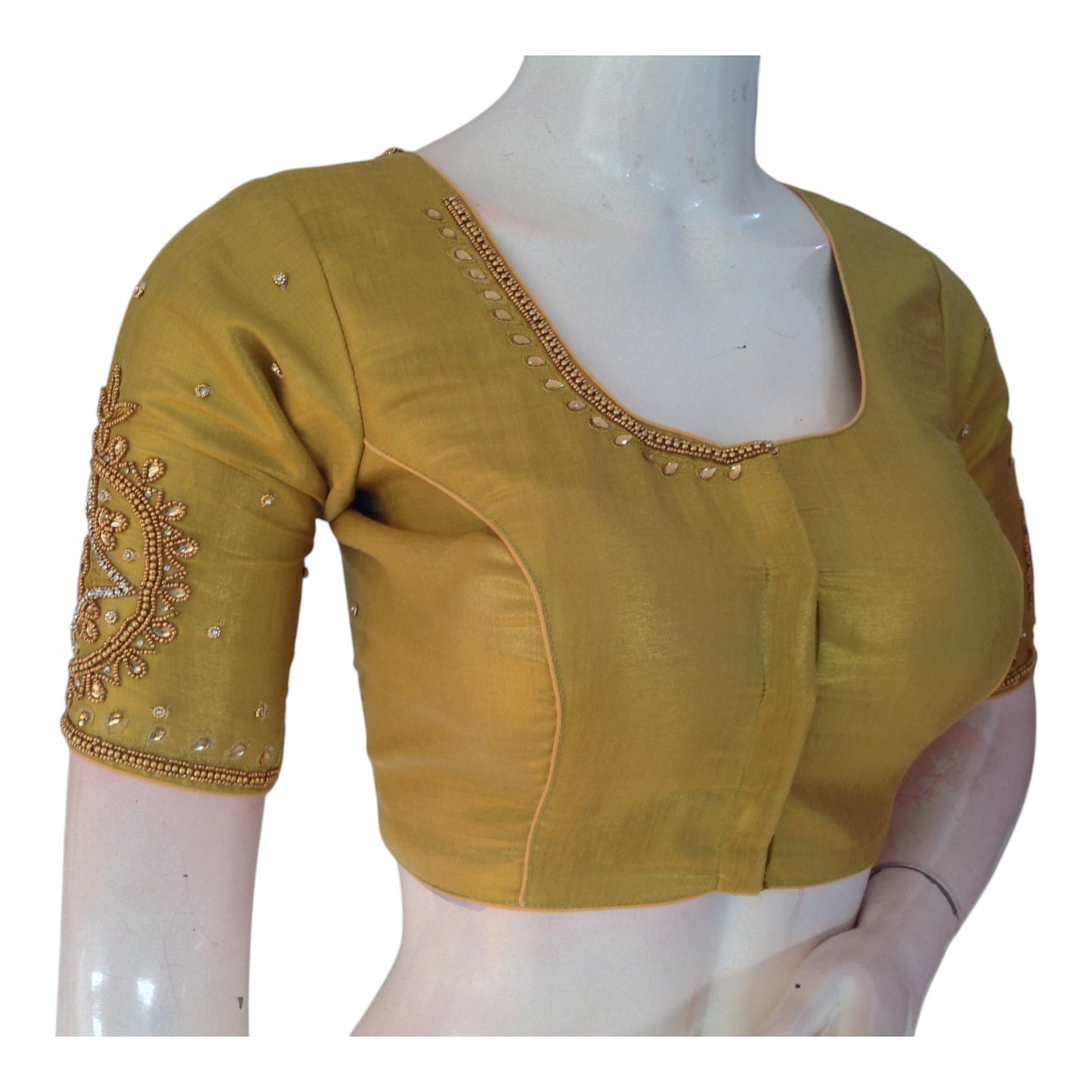Gentle Pastel Olive Silk Wedding Blouse with Aari Handwork- D3 Blouses