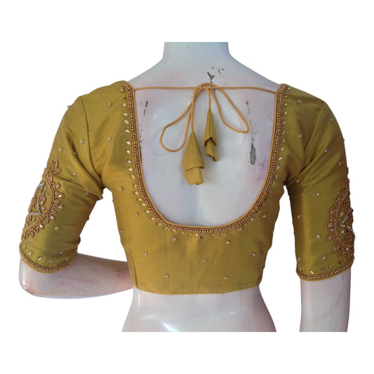  Gentle Pastel Olive Silk Wedding Blouse with Aari Handwork- D3 Blouses