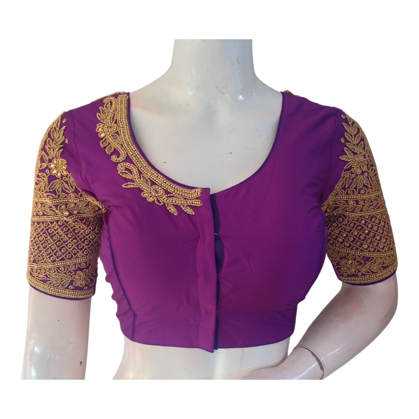 Luxurious Silk Handcrafted Purple Aari Handwork Wedding Saree Blouse