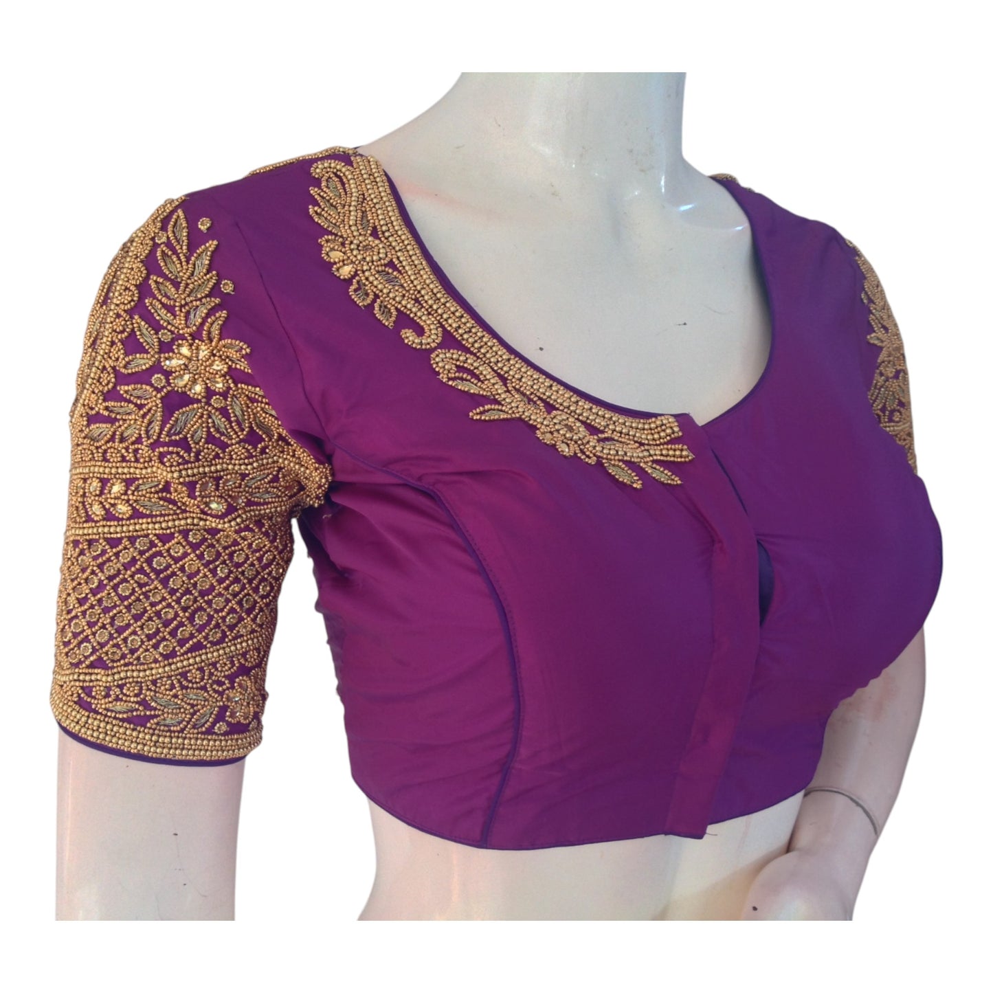 Luxurious Silk Handcrafted Purple Aari Handwork Wedding Saree Blouse