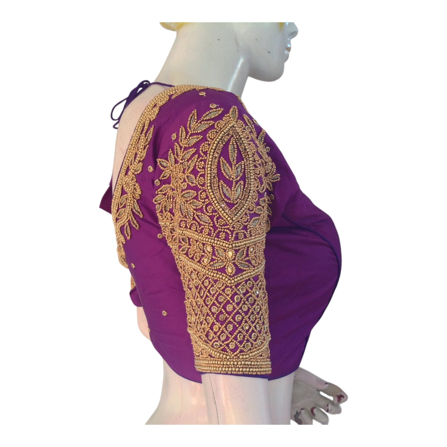 Luxurious Silk Handcrafted Purple Aari Handwork Wedding Saree Blouse