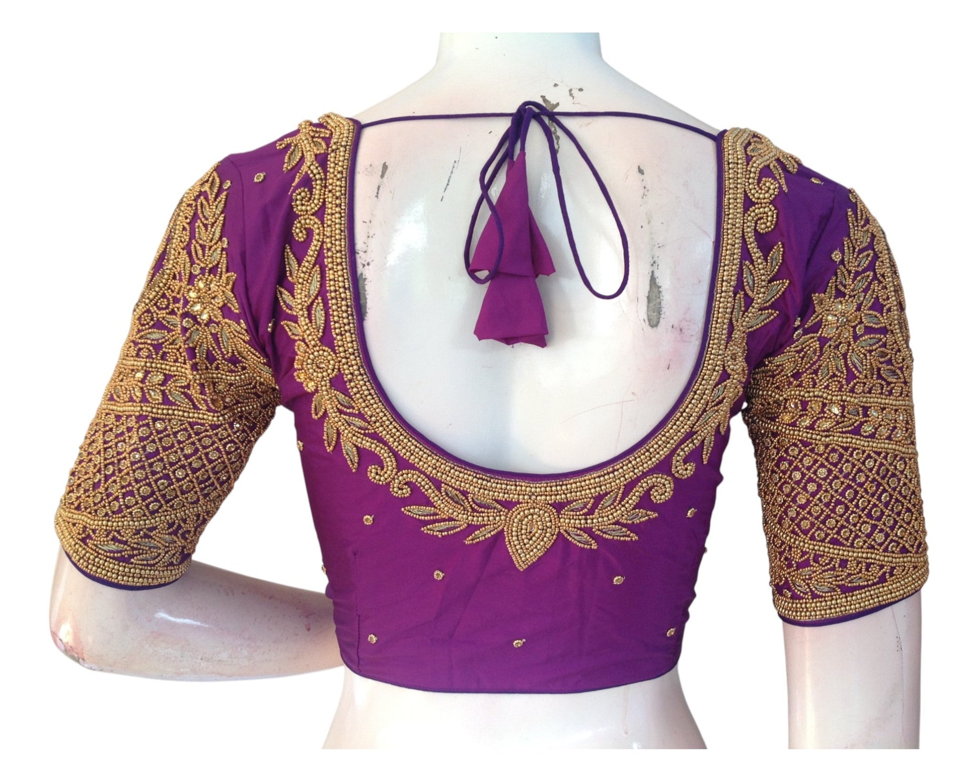 Luxurious Silk Handcrafted Purple Aari Handwork Wedding Saree Blouse
