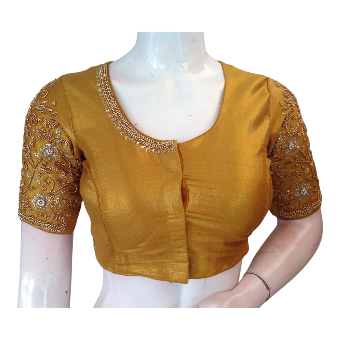 Lustrous Gold Tissue Silk High Neck Blouse with Aari Floral & Peacock Work